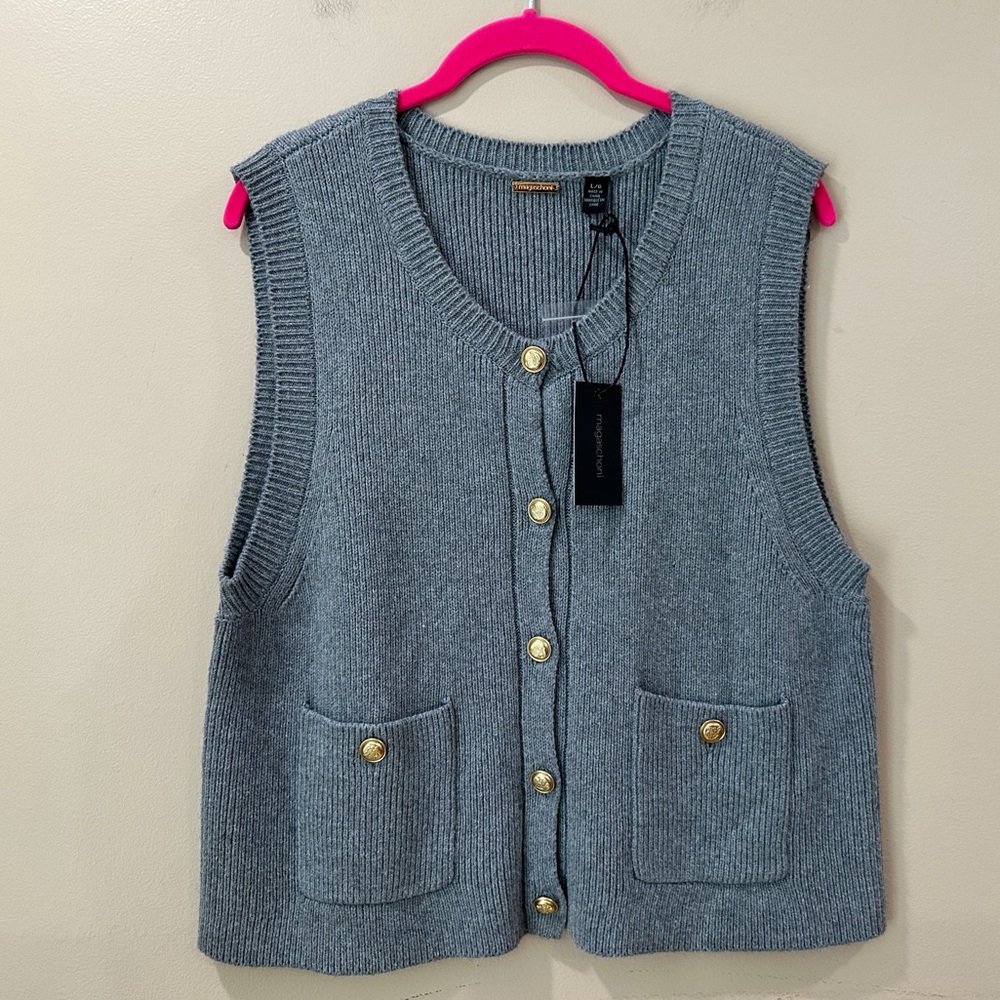Magaschoni Gray Knit Sweater Top Vest Waistcoat Gold Buttons Pockets Women L New